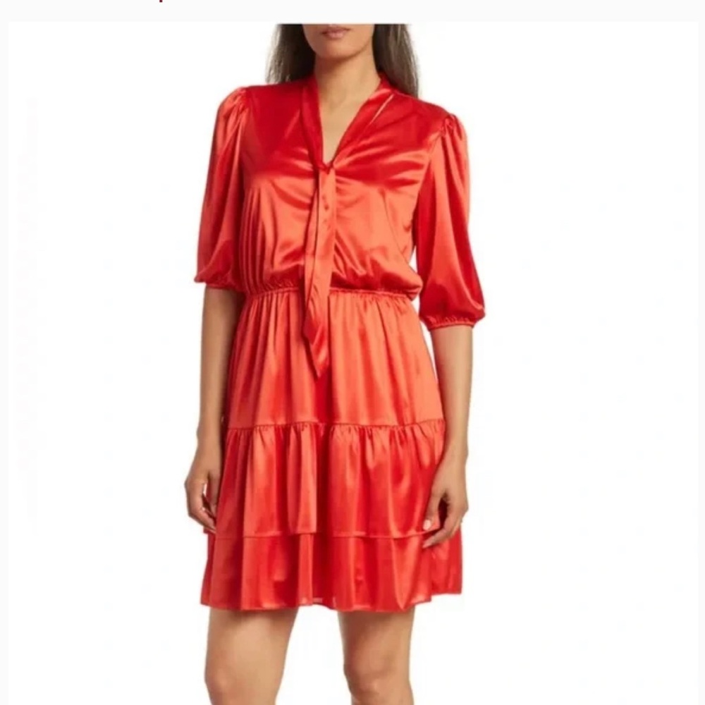 Nanette Lepore Tie Neck Satin V-Neck Tiered Saffron Sun Red Mini Dress Sz 8